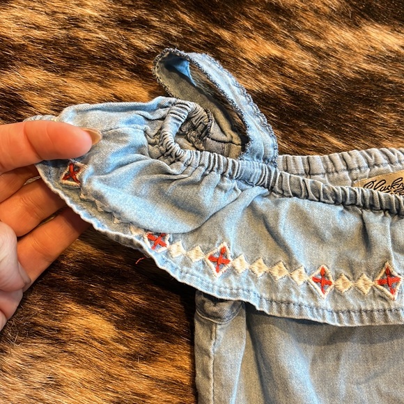 Lucky Brand Kids denim romper with cold shoulder and embroidery detail. - Picture 3 of 5